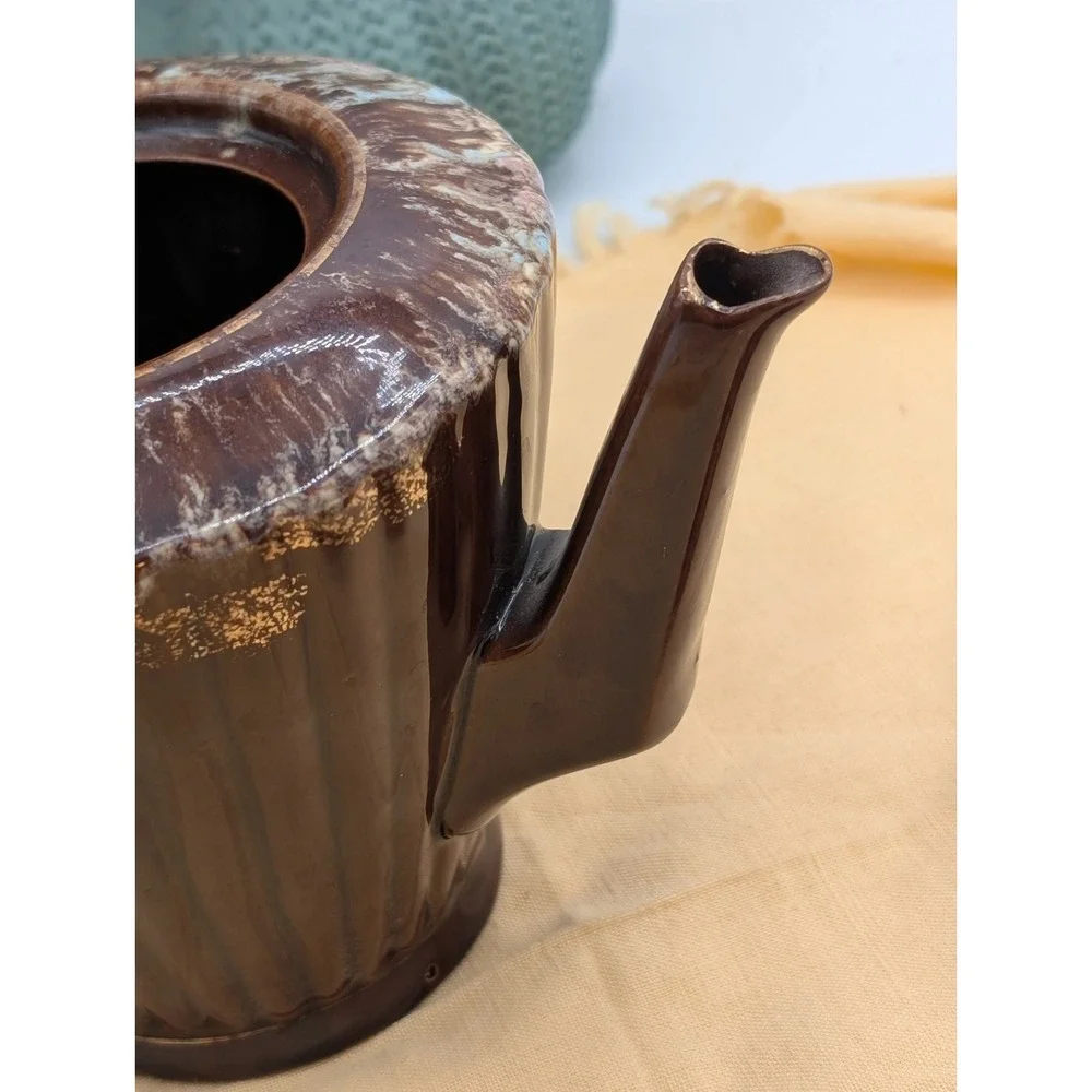 Vintage Mid Century Modern Drip Glaze Teapot Brown Ribbed Ceramic Tea Pot Japan